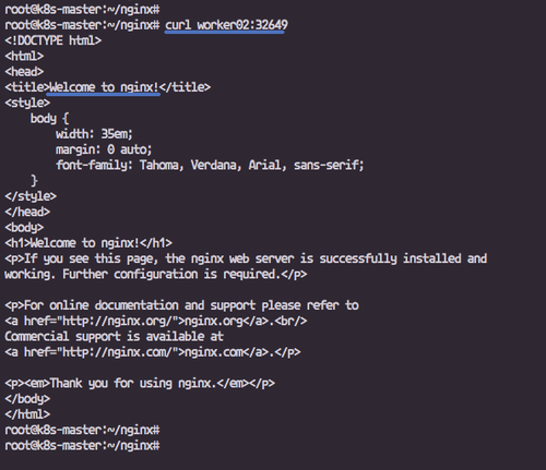 Скриншот: тест nginx с curl на worker02