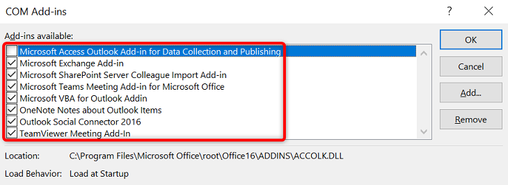 Отключение и удаление надстроек Outlook в окне управления COM-надстройками.