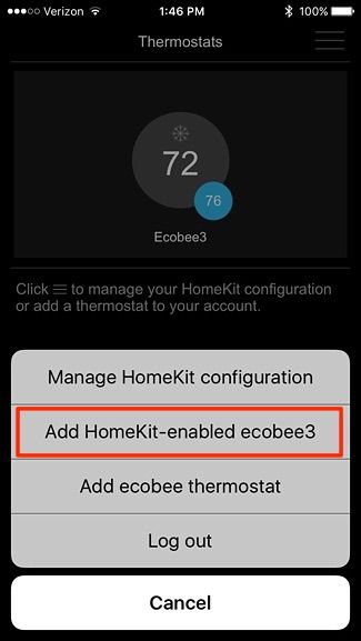 Элемент меню «Add HomeKit-enabled ecobee» в приложении Ecobee.