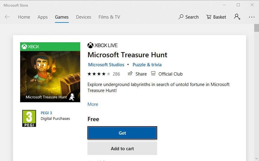 Кнопка Получить на странице Treasure Hunt в Microsoft Store