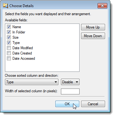 Окно выбора полей для отображения в результате
