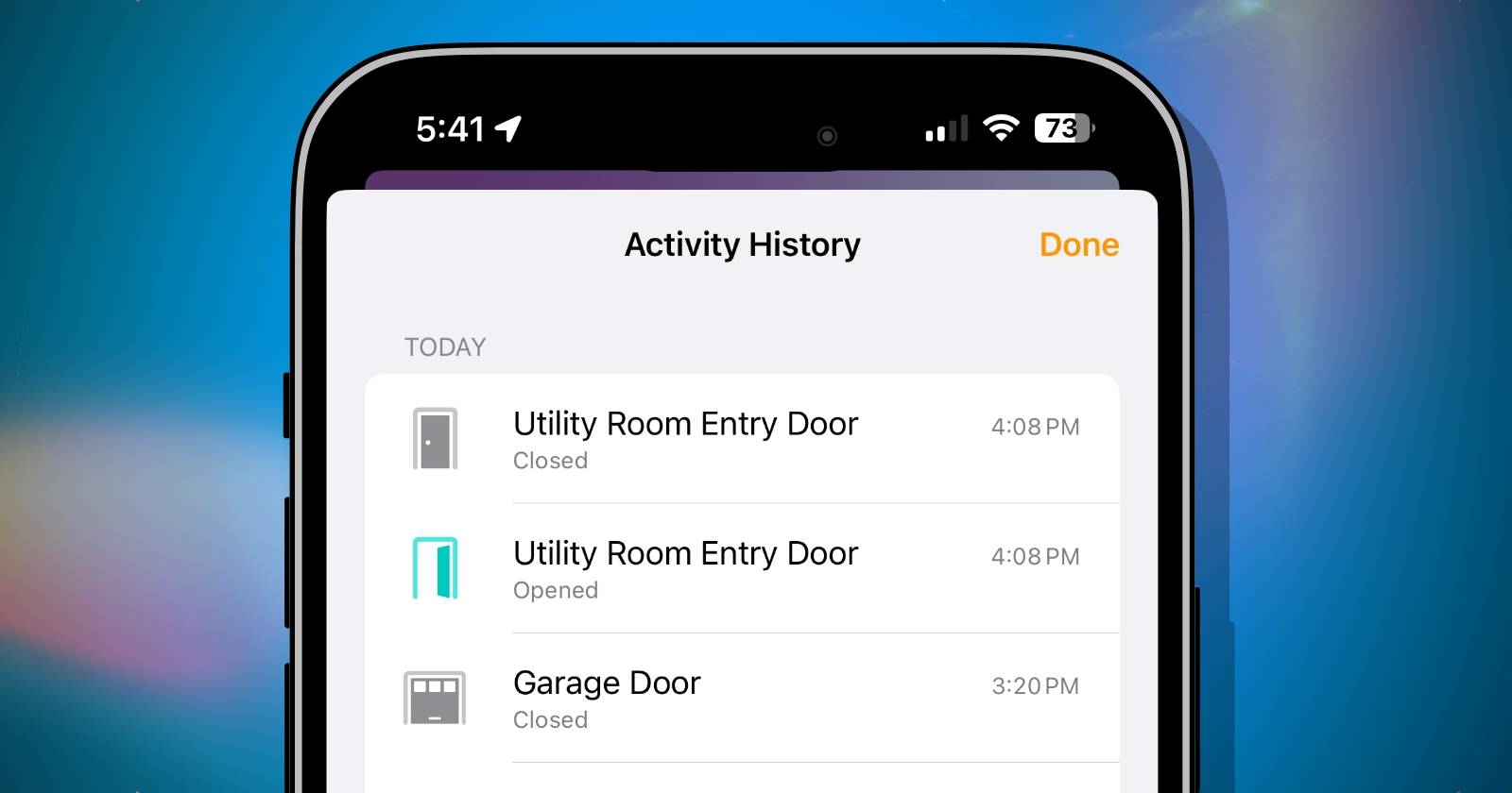 iOS 17 Home App Activity History shown on an iPhone in front of a blue background