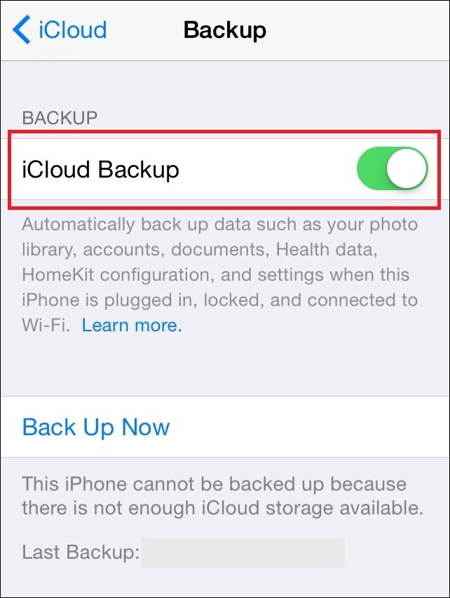 Экран с кнопкой создания резервной копии сейчас в iCloud