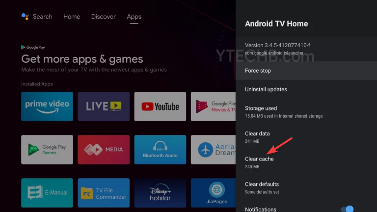 Опция очистки кэша приложения на Smart TV