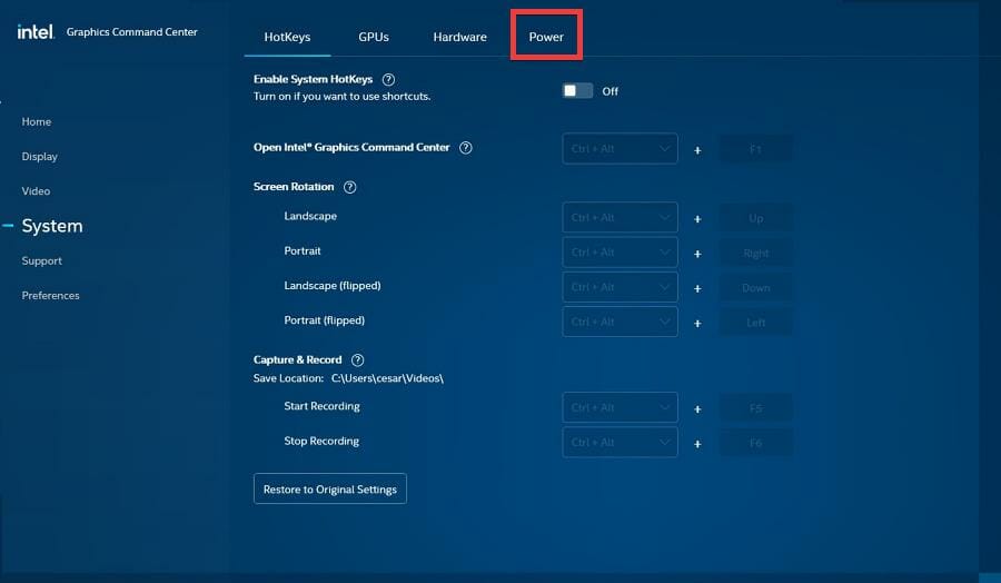 Вкладка Power в Intel Graphics Command Center