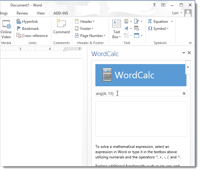 Панель приложения WordCalc и поле ввода выражения