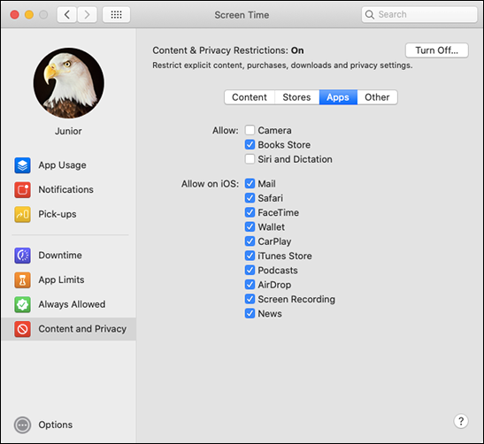 Меню «Приложения» в разделе «Контент и конфиденциальность»