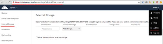 Добавление нового хранилища в ownCloud