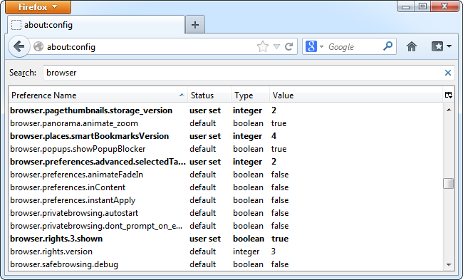 Список параметров на странице about:config с изменёнными и стандартными значениями