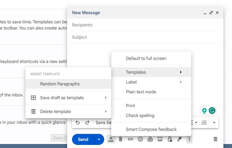 Выбор и вставка шаблона в окне написания Gmail