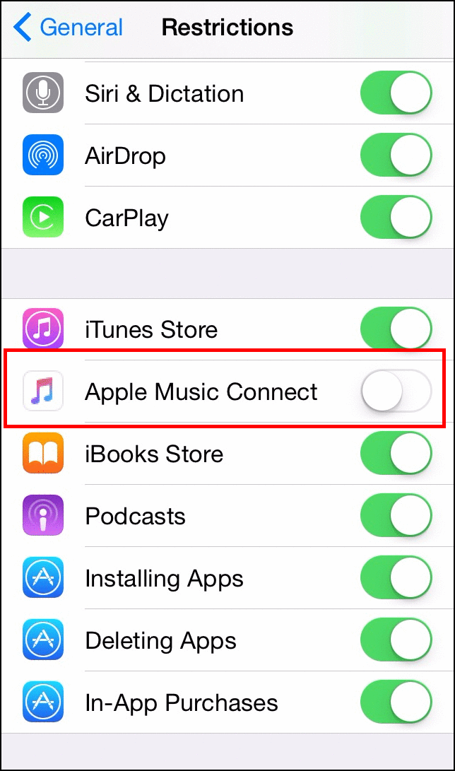 Переключатель Apple Music Connect выключен