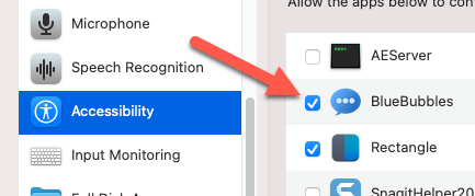 Дайте BlueBubbles доступ к Accessibility для симуляции ввода
