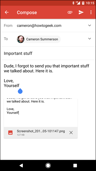 Скриншот: отправка письма в Gmail после добавления вложения