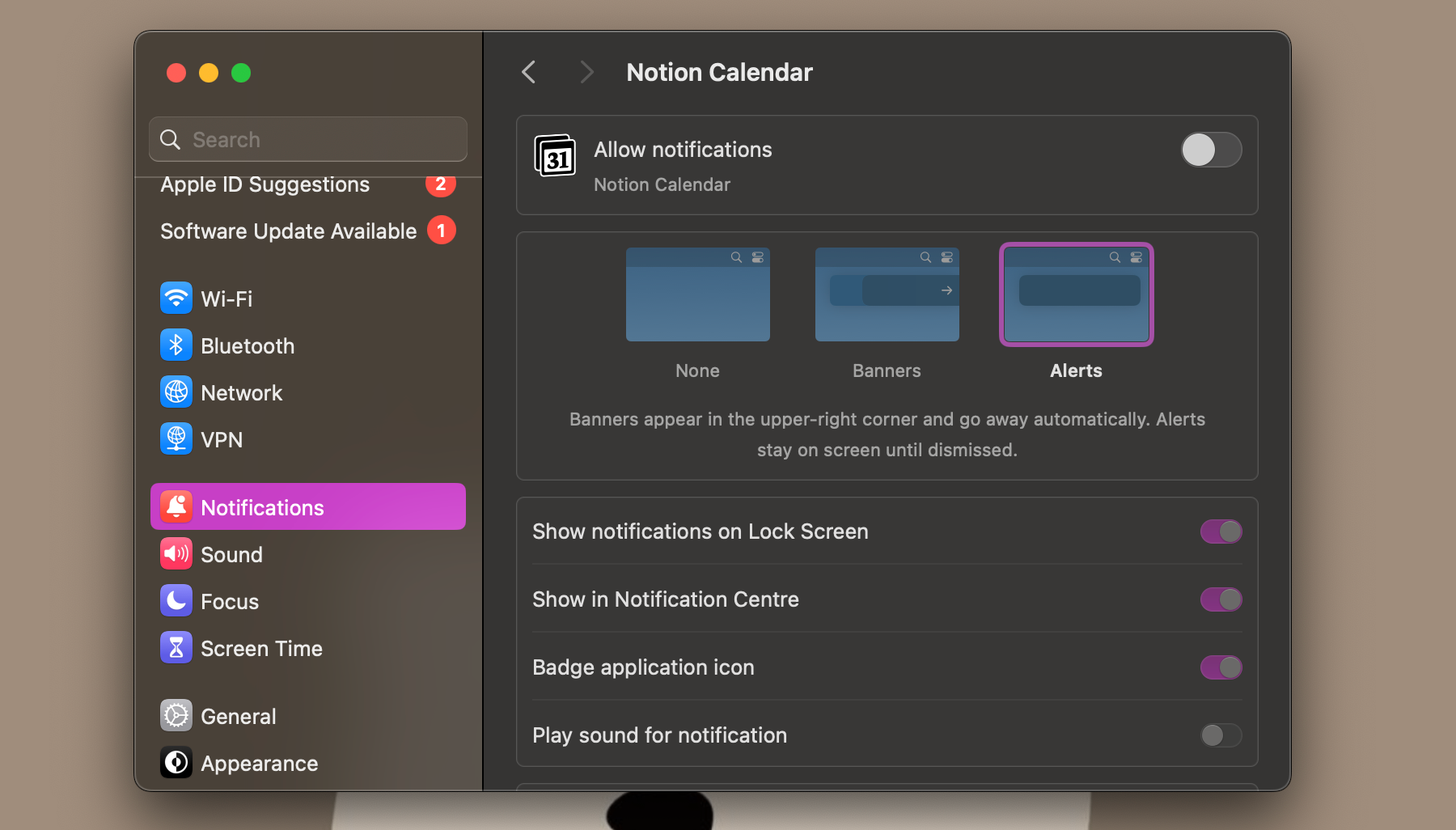 Отключение уведомлений календаря Notion в macOS