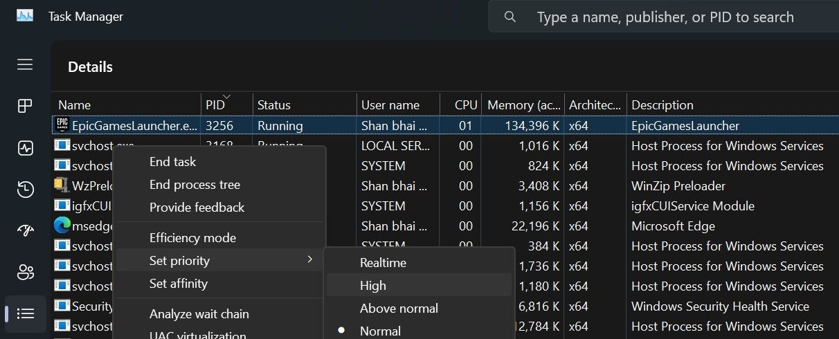 Изменение приоритета процесса EpicGamesLauncher.exe в Диспетчере задач