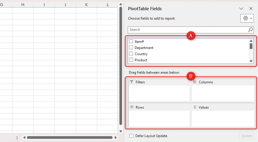 Разделы «Поля» и «Области» на панели полей сводной таблицы в Excel.