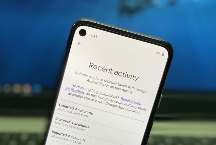 Интерфейс Google Authenticator с недавними действиями