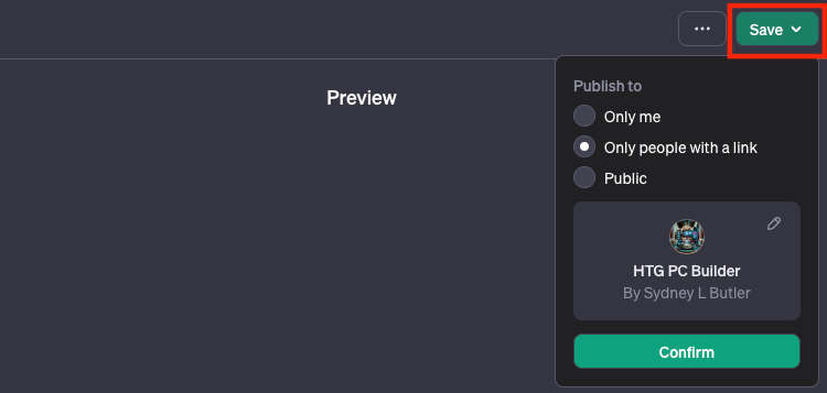 The GPT Custom bot Save Button with private, semi-private, and public publishing options.