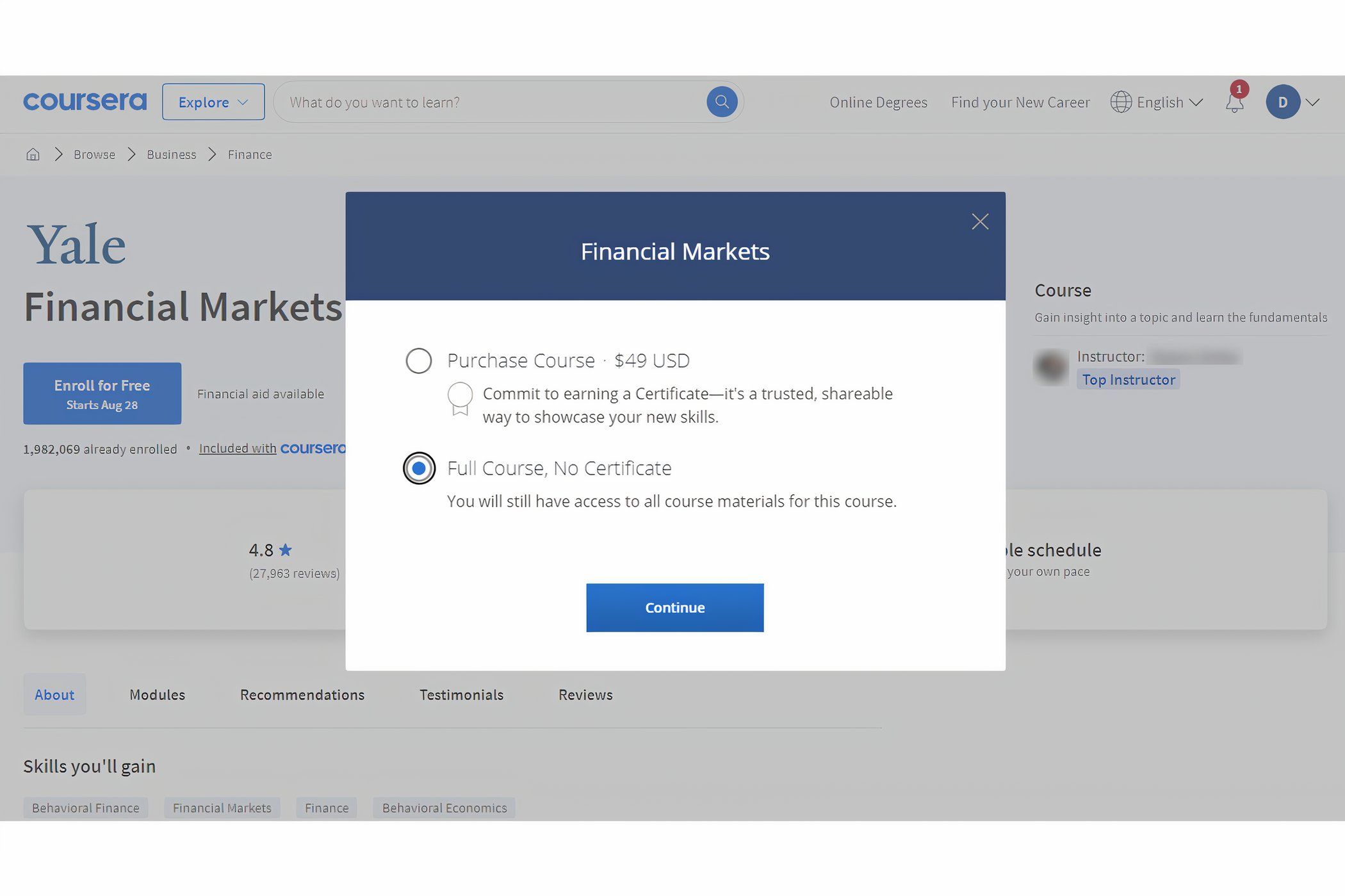 Скриншот экрана регистрации на Coursera с видимым вариантом бесплатного доступа.
