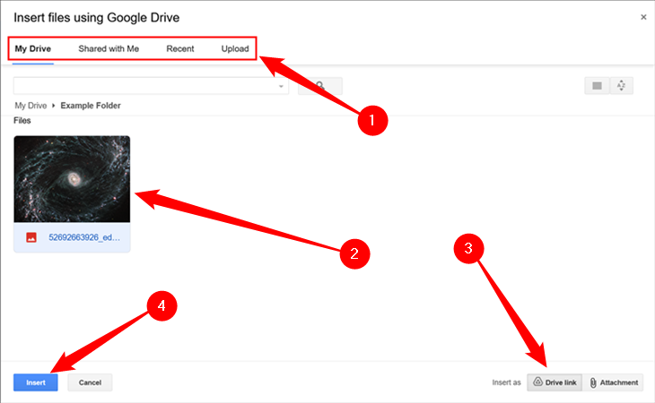 Вставка файла через Google Drive в интерфейсе письма