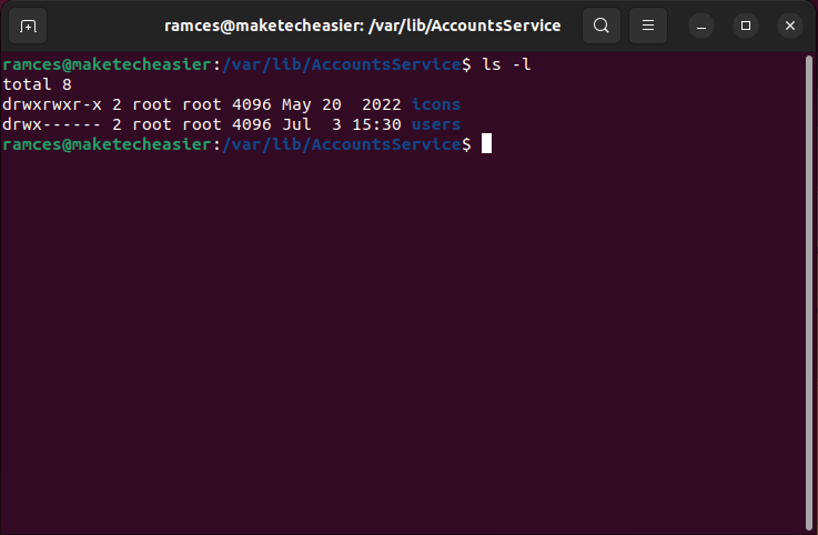 Терминал, показывающий содержимое папки AccountsService.