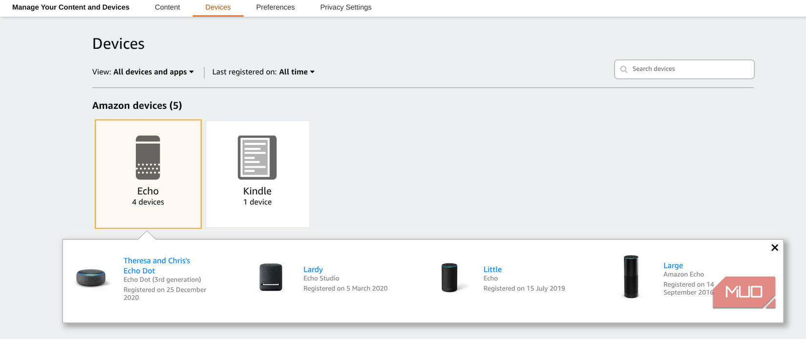 страница управления устройствами Echo на сайте Amazon, список зарегистрированных устройств