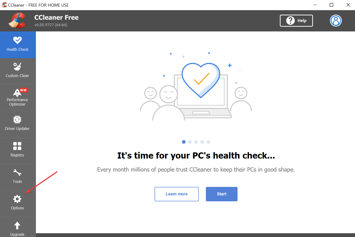 Меню Options в CCleaner (открыть параметры)
