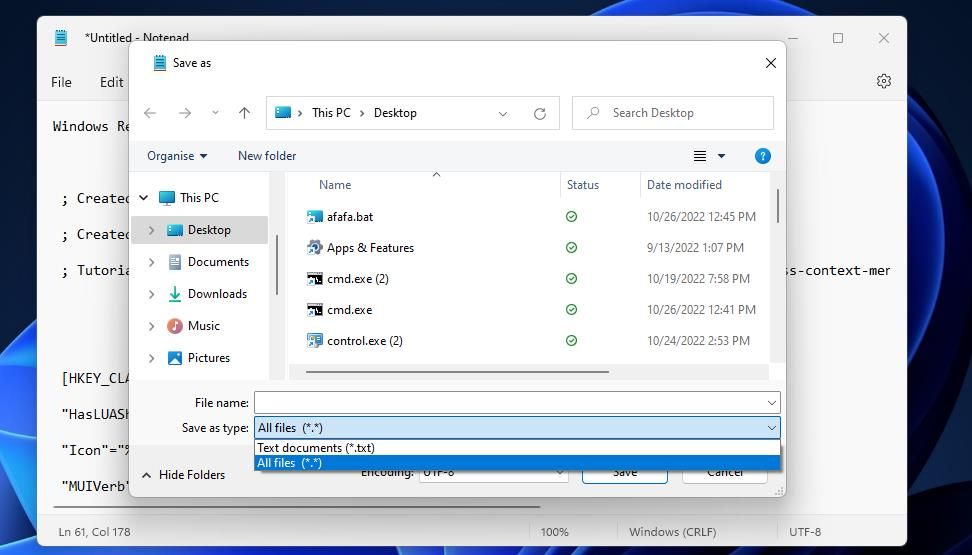 Параметр выбора типа файла при сохранении .reg через Блокнот