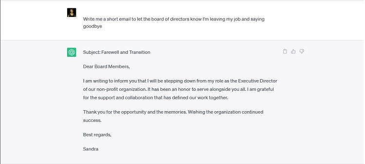 Скриншот письма об увольнении, сгенерированного ChatGPT