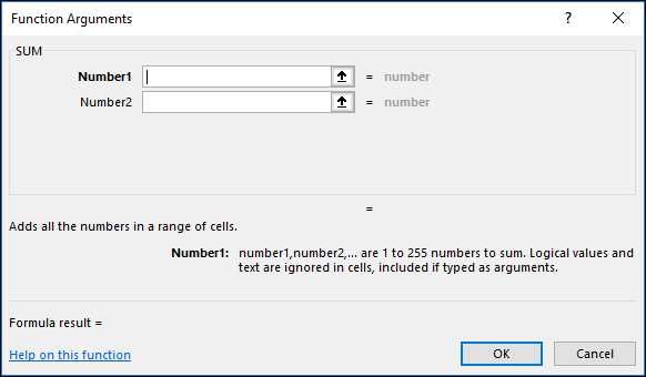Окно Аргументы функции для SUM