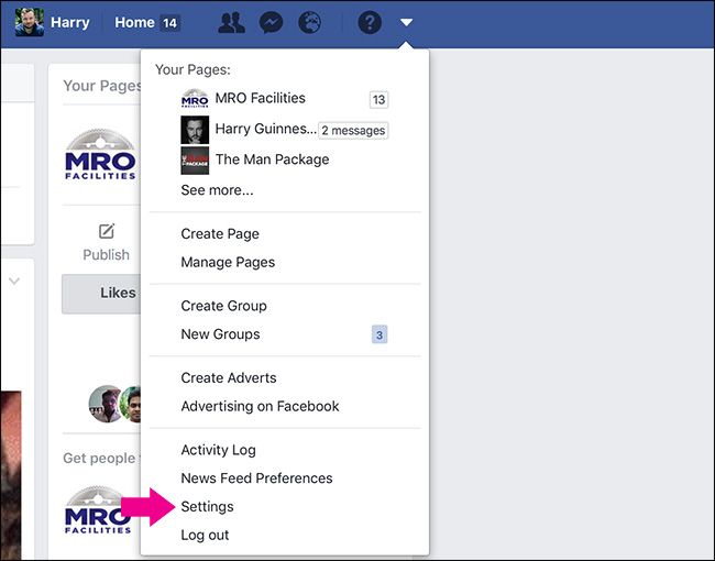 Меню Facebook с пунктом Настройки
