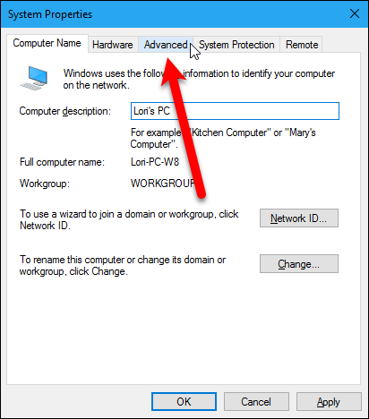Вкладка Дополнительно в свойствах системы Windows