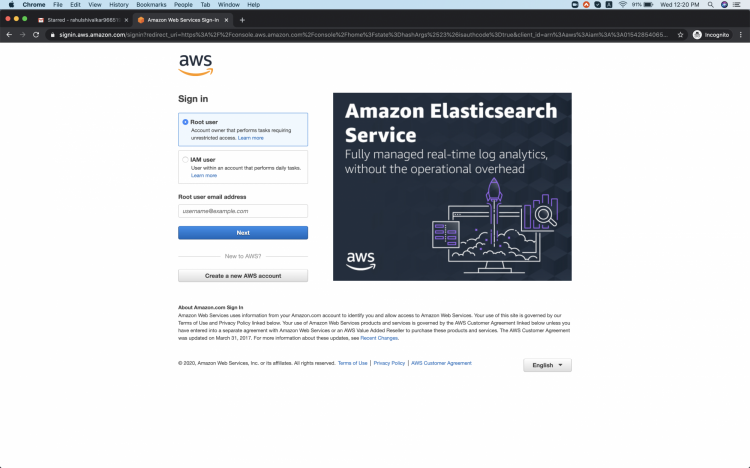 Страница входа в AWS с полями для логина