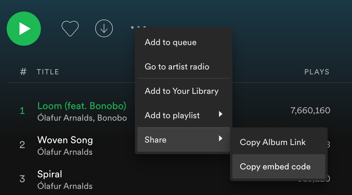 Копирование кода для встраивания Spotify (iframe)
