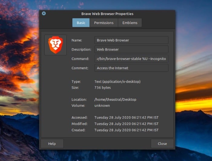 Иконка Brave и пример редактирования .desktop
