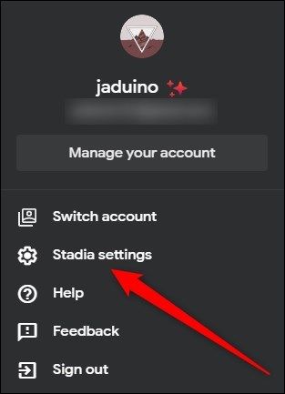 Кнопка «Stadia Settings» в меню аккаунта Stadia на сайте