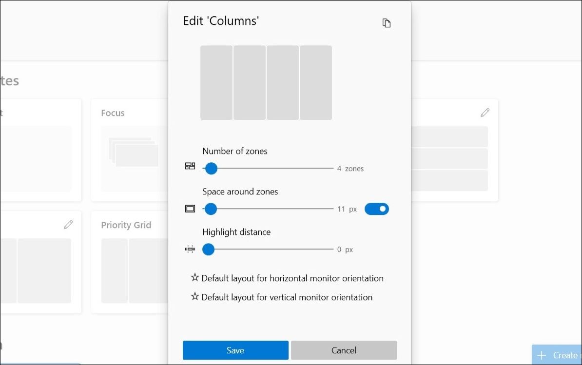 Редактирование макета Snap Layouts в PowerToys — визуальный редактор зон