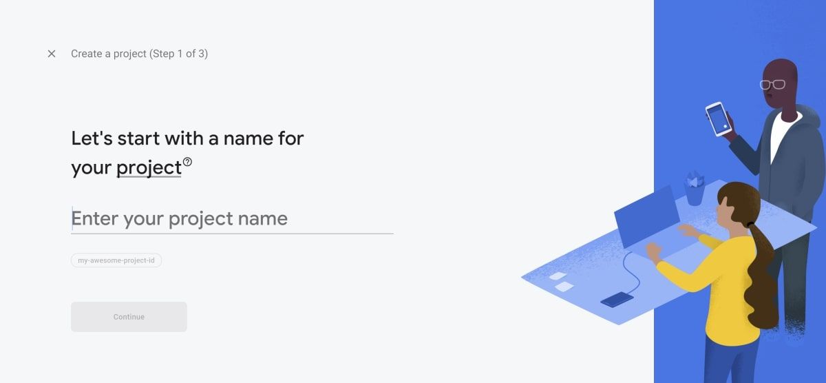 Страница Firebase с предложением создать новый проект