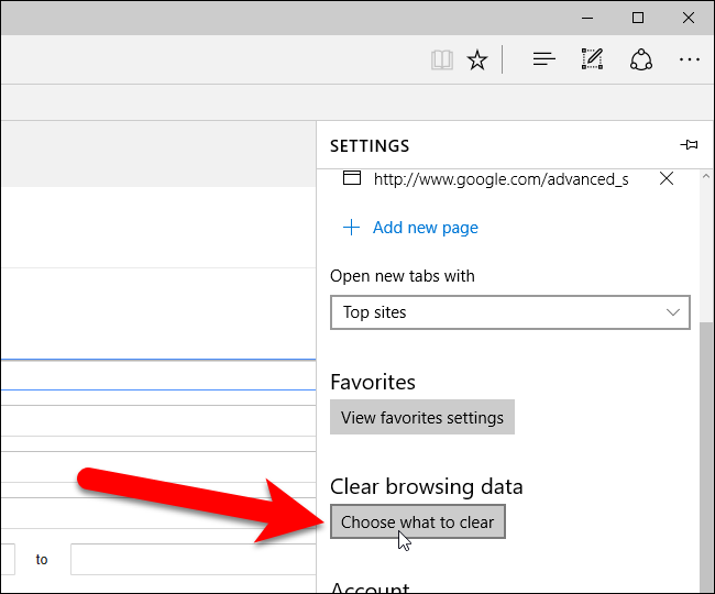 Кнопка выбора что очищать в Edge