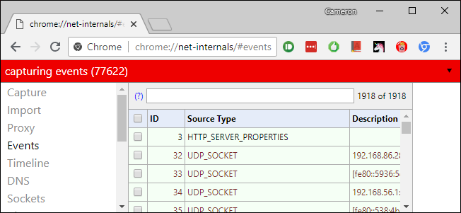 Интерфейс net-internals с логами сетевых событий