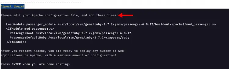 Apache に Passenger 設定を追加するスクリーンショット