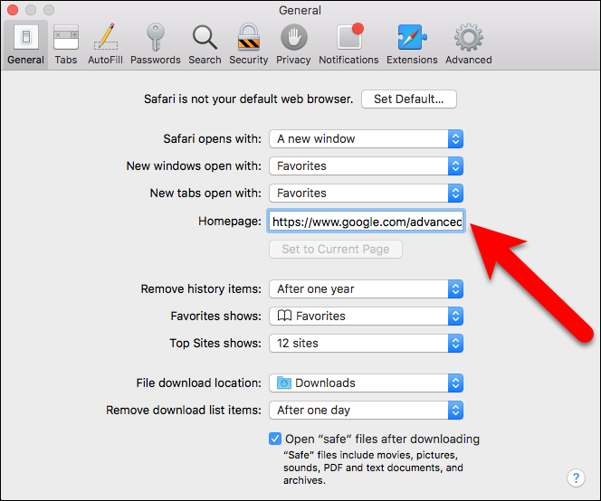 Ввод URL домашней страницы в Safari