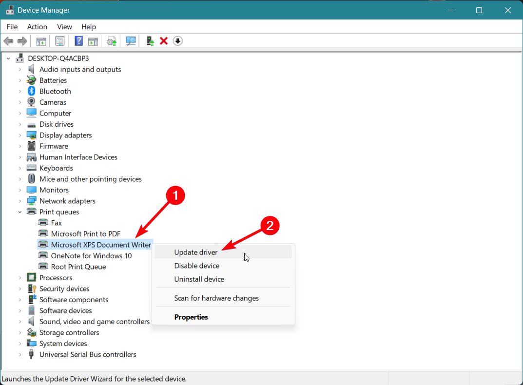 Контекстное меню принтера с опцией обновления драйвера