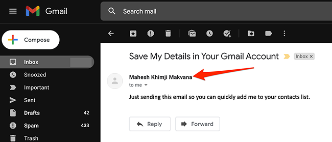 Наведение курсора на имя отправителя в Gmail