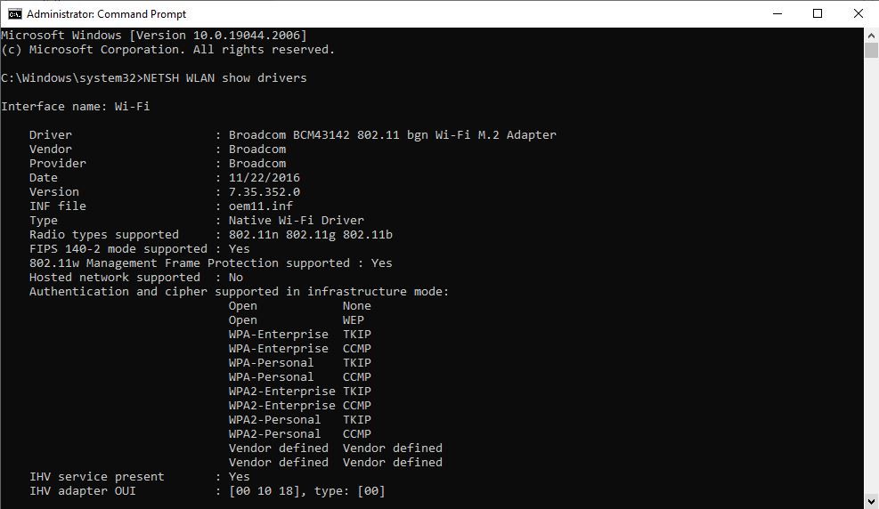 Выполнение команды NETSH WLAN show drivers в CMD