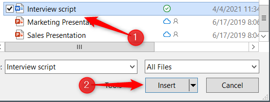 Selecting and inserting a Word document