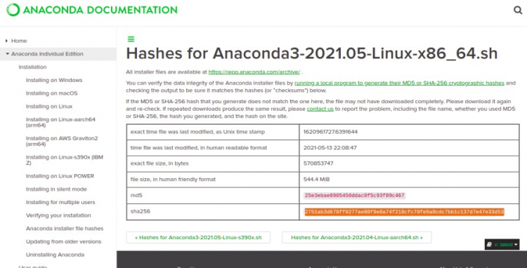 Проверка SHA256 хеша установщика Anaconda на странице загрузки
