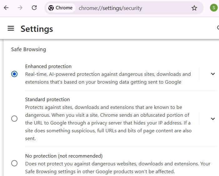 향상된 보호 모드를 활성화하는 Chrome 설정 화면.
