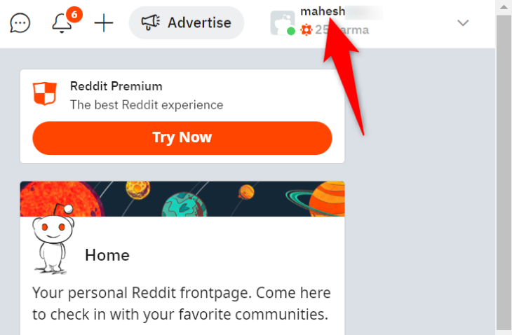 Нажмите имя пользователя в правом верхнем углу сайта Reddit