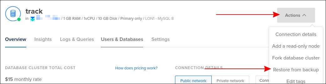 Screenshot of restoring DigitalOcean managed database backups